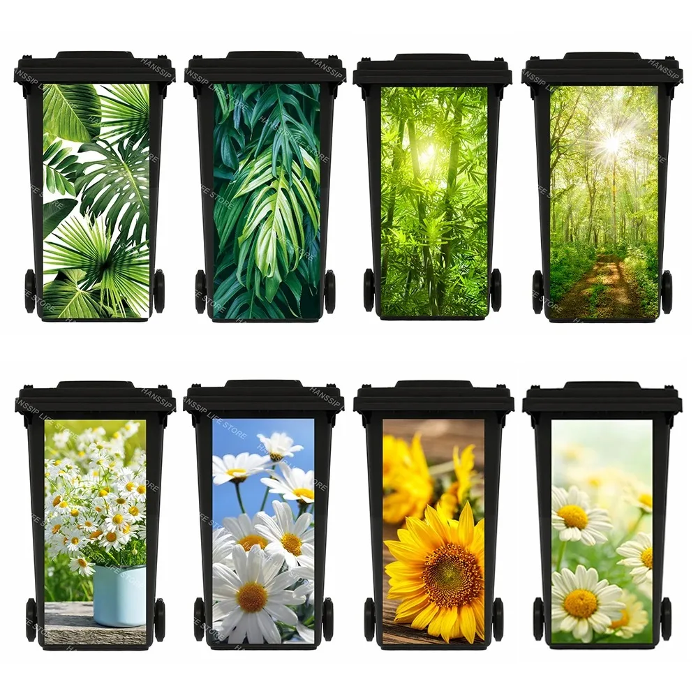 Korean INS Flower Daisy Sunflower Pattern Trash Can Sticker Waterproof Outdoor Wheeled Garbage Bin Leaves Poster Sticker Decals