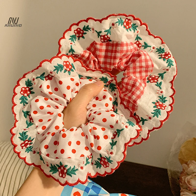 Beautiful Embroidered Large Scrunchies Elastic Hair Bands Hair Ties Women Sweet Hair Accessories Ponytail Holder Head Rope