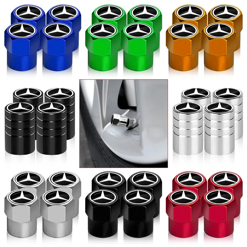 For Mercedes Benz AMG W203 W206 W220 W205 Smart W211 W212 W201 4Pcs Metal Car Logo Wheel Tire Hex Valve Caps Stem Case Covers