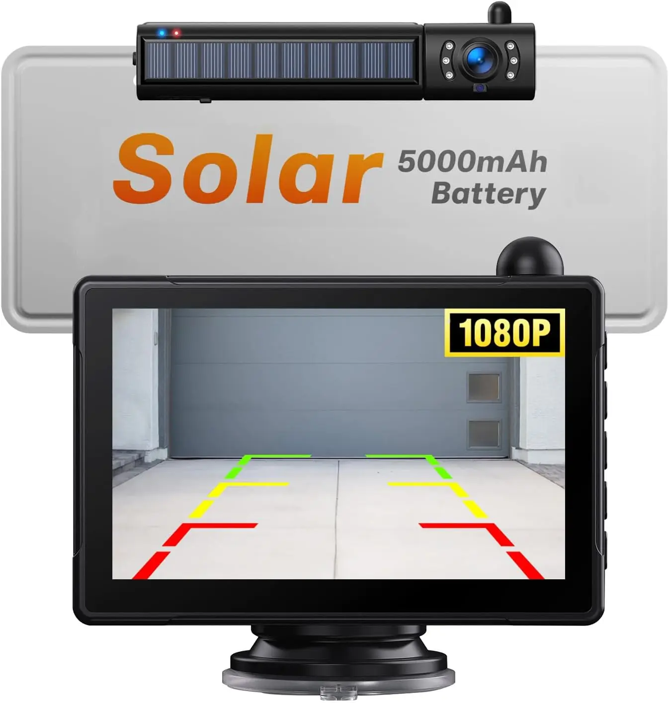 5 Inch 2CH 1080P Solar Wireless License Plate Backup Camera, 3 Mins DIY Install, 5000mAh IR Night Vision Monitor System For SUV