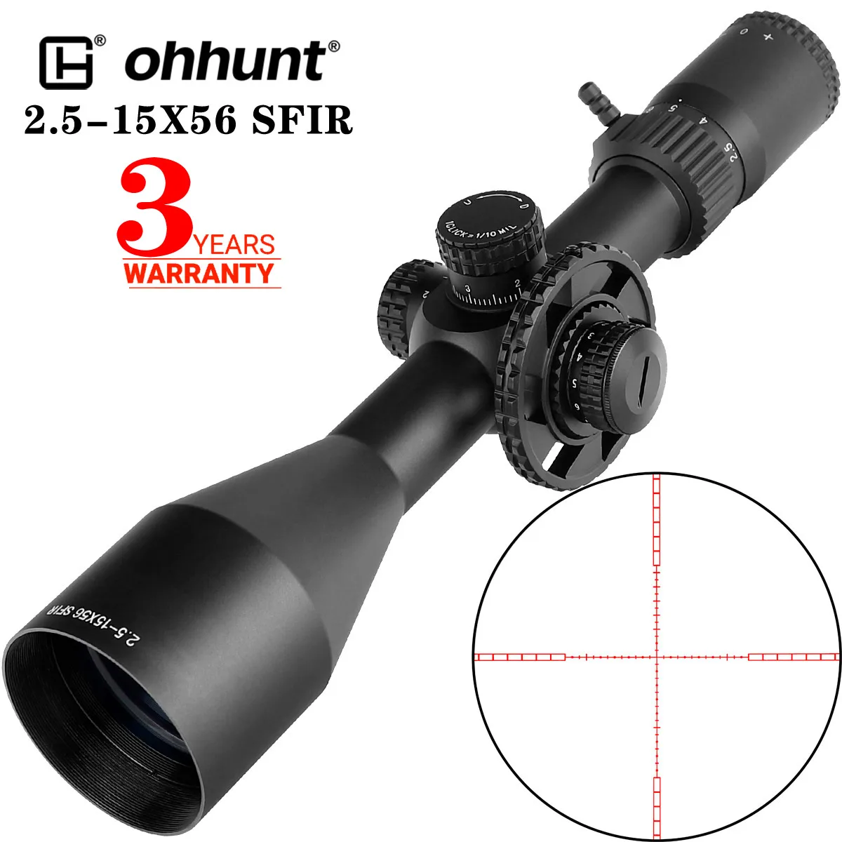 

ohhunt LRS 2.5-15X56 SFIR Hunting Scope Glass Etched Reticle Red Illumination Side Parallax Turret Lock Reset Scope