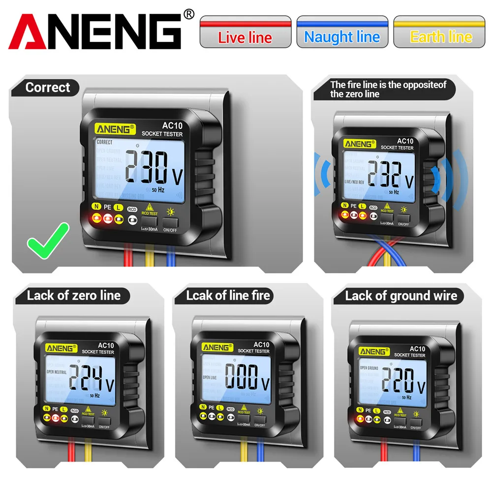 ANENG AC10 مأخذ (فيشة) ذكي تستر الولايات المتحدة/الاتحاد الأوروبي التوصيل المتعدد كاشف المكونات الرقمية صفر خط النار قطبية المرحلة تحقق كاشف المرحلة