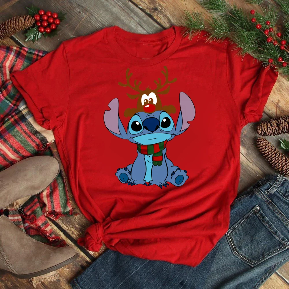 Cute Stitch Printed T Shirt for Women Tops Cartoon Merry Christmas Graphic Tees Red T-shirt Female Tshirt Clothes