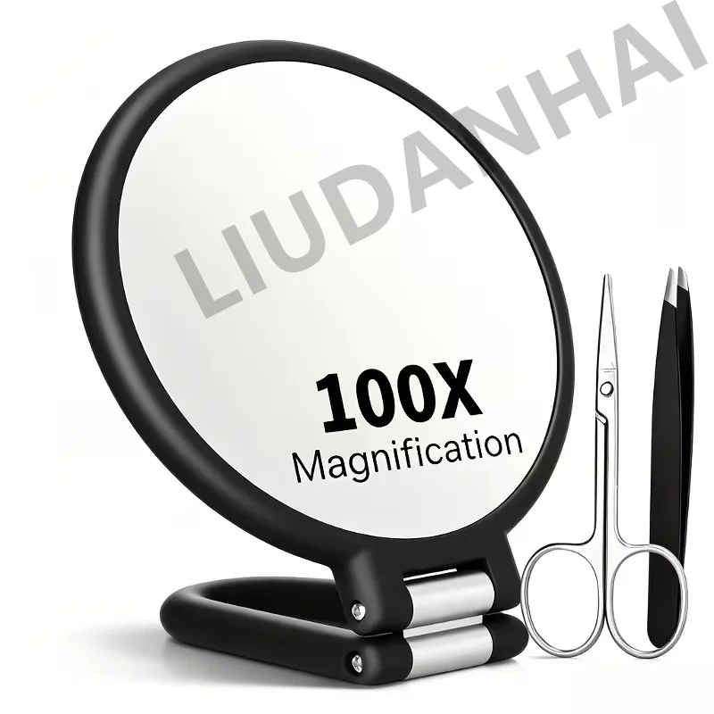 3pcs Set Handheld Double-Sided Makeup Mirror 1X/100X Magnification Super Zoom Beauty Tweezers Included for Detailed Application