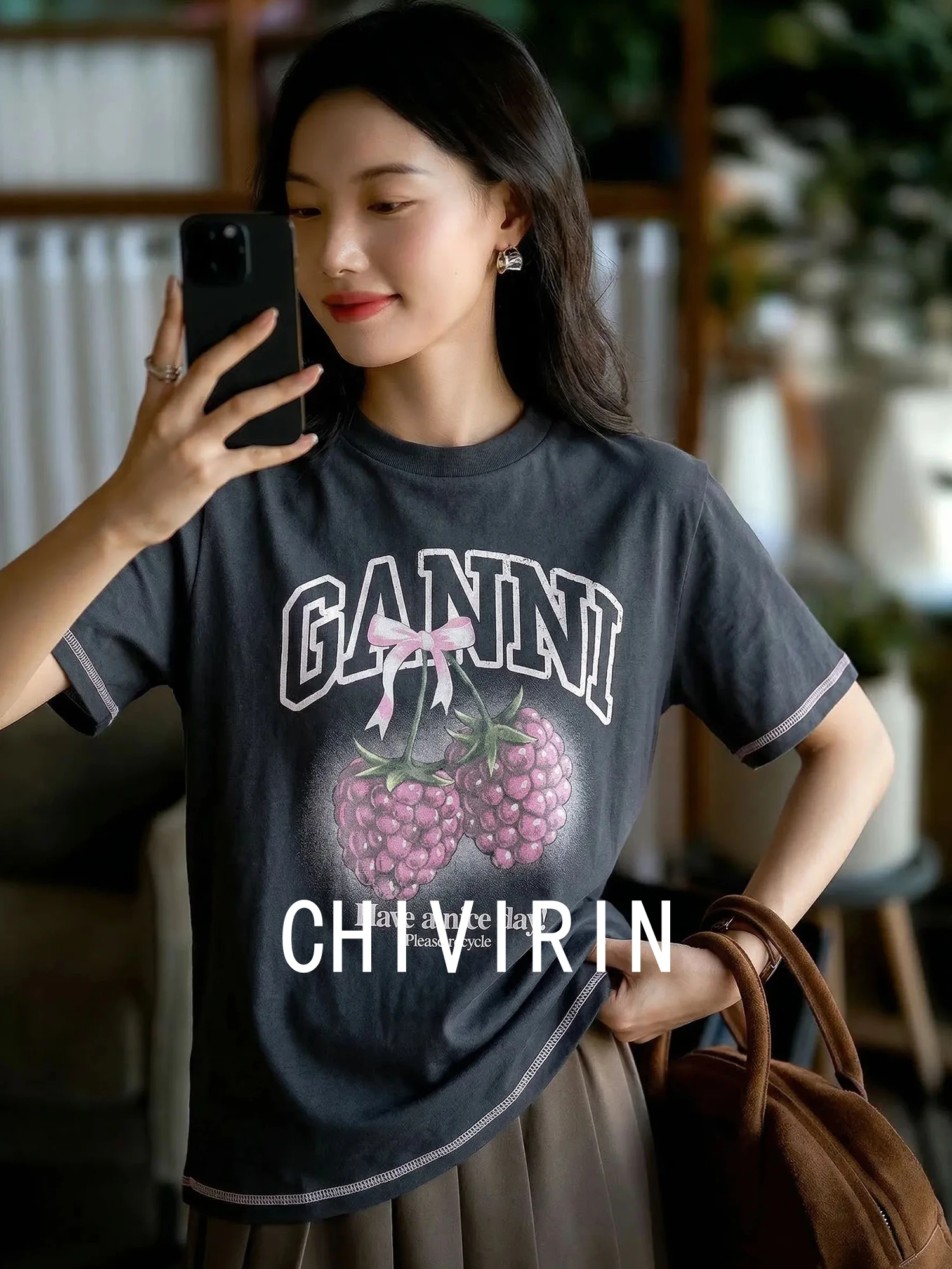 

Chivirin Pure Cotton Raspberry Print Short Sleeve round Neck T-Shirt Women's Summer Vintage Color Block Loose Slimming Top