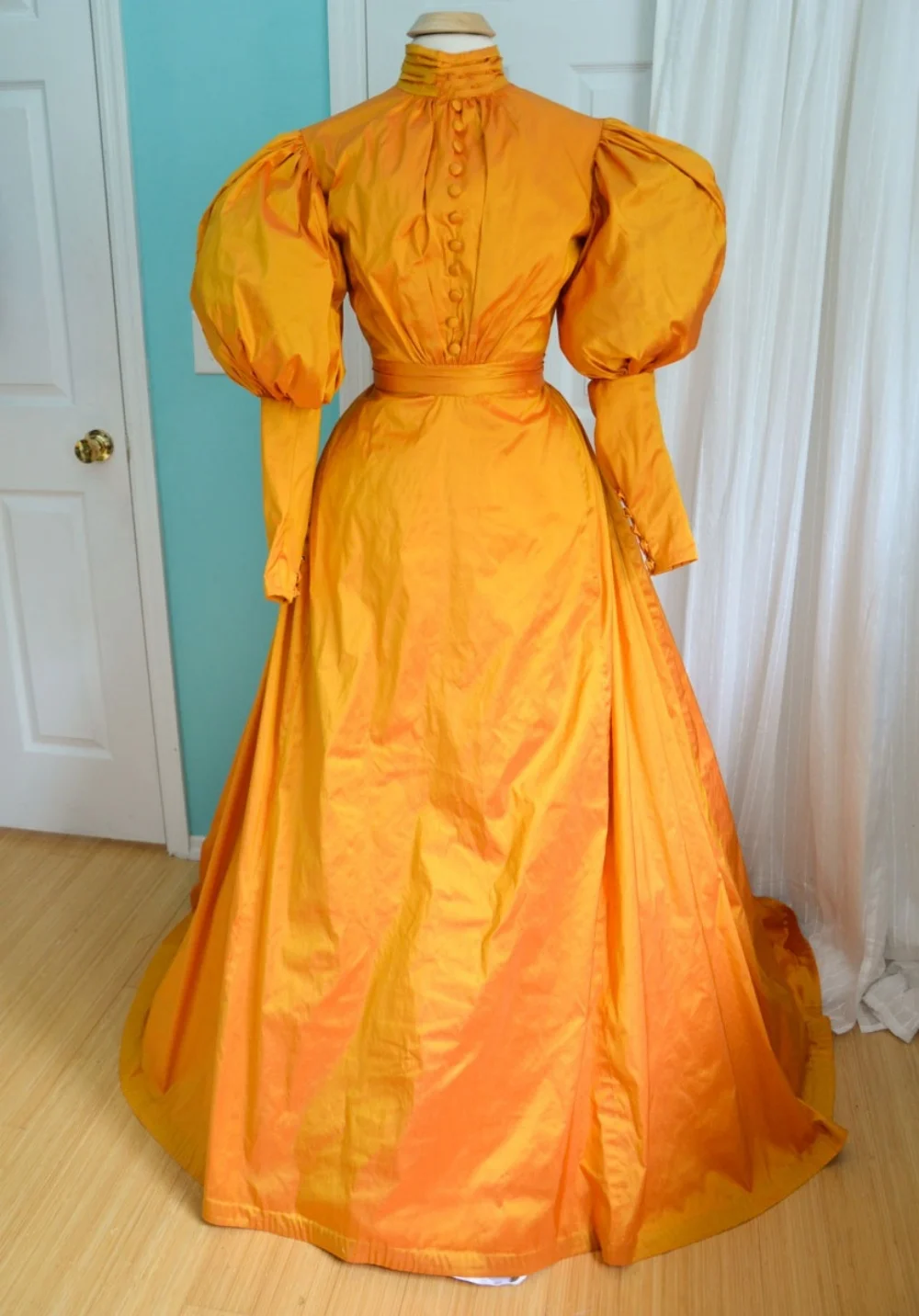 

1890s Pumpkin Day Dress Victorian Edwardian Lady Puff Sleeves Afternoon Walking Costume Civil War Southern Belle Ball Gown