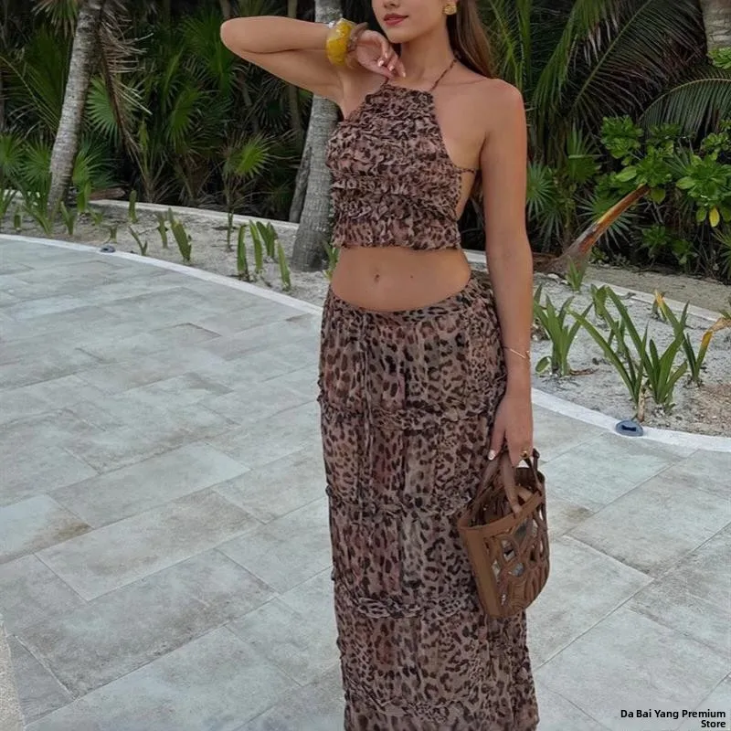 Summer Women's Svel Long Dr Leopard Print Bal Strap Evening Gown Casual Sle Faionable plus Size Skirt