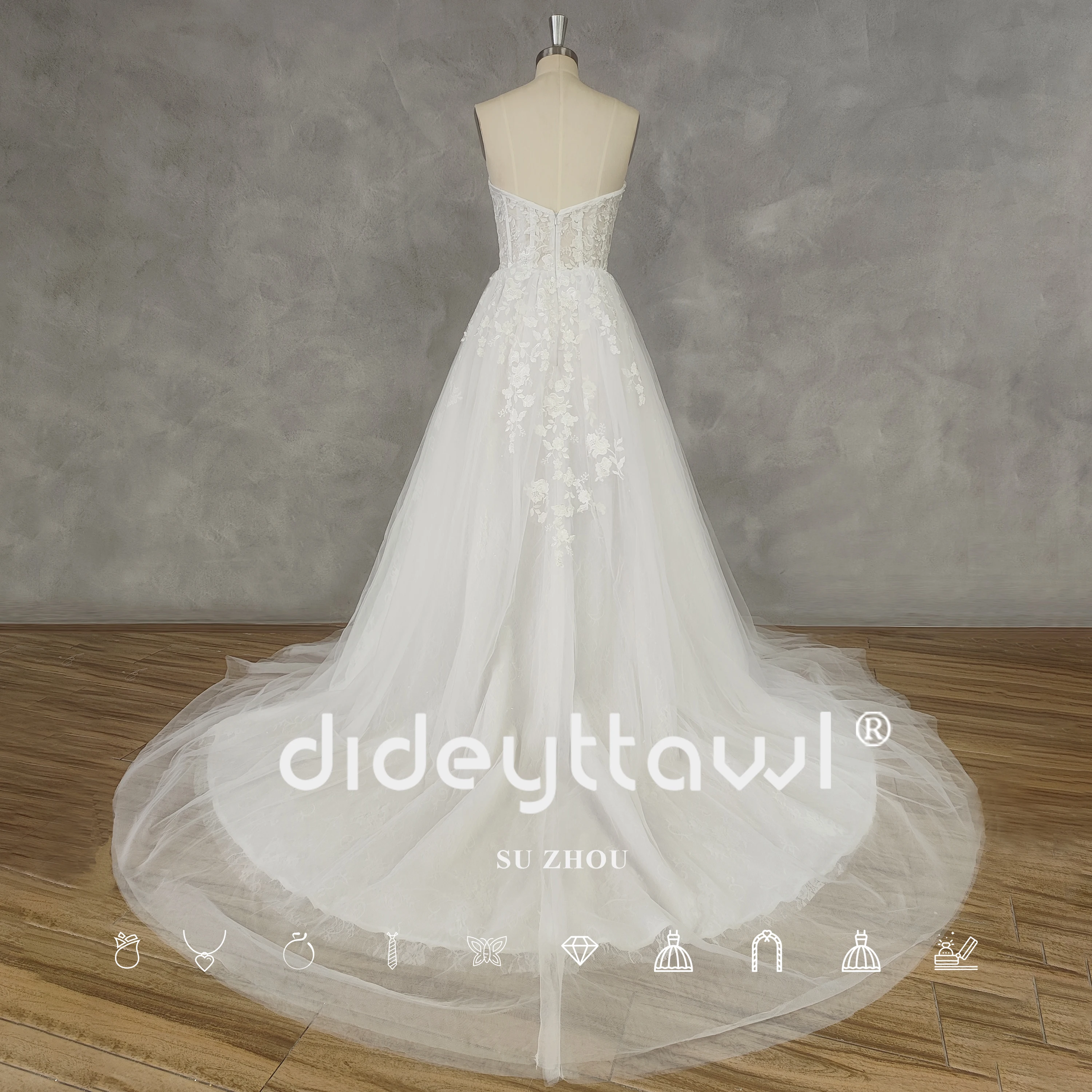 DIDEYTTAWL Real Picture Fairy Sweetheart Appliques Wedding Dress Illusion Back Tulle High Side Slit Court Train Bridal Gown