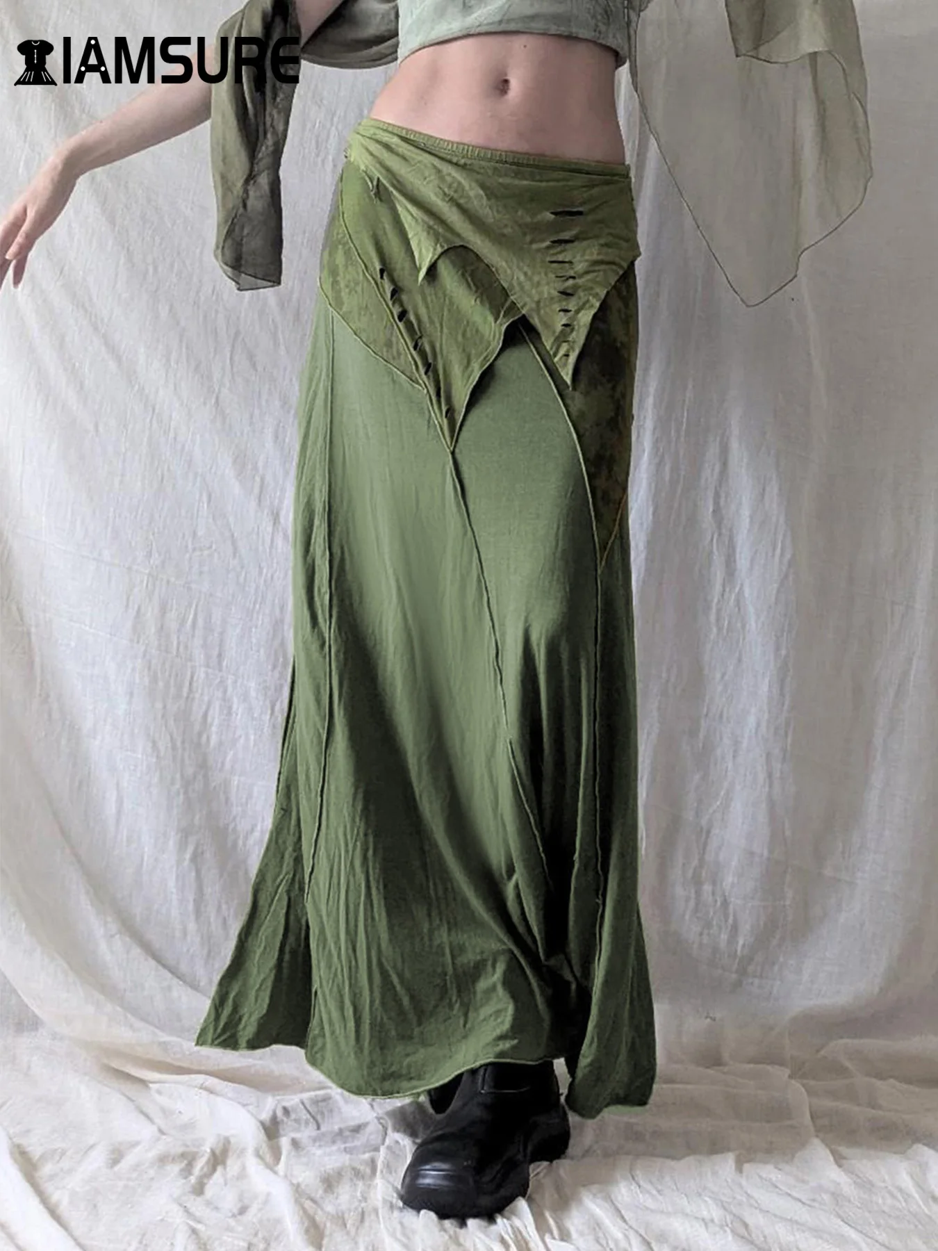 

IAMSURE Grunge Fairycore Patchwork Skirts Holiday Vintage Low-Waisted Maxi Skirts Women 2025 Spring Autumn Beach Style Ladies