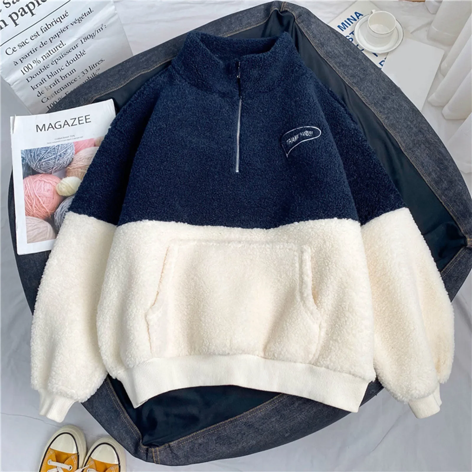 Winter Warmte Polar Fleece Kleding Sweatshirt Harajuku Geborduurde Halve Rits Dames Losse Zak Trui Hoodies Streetwear