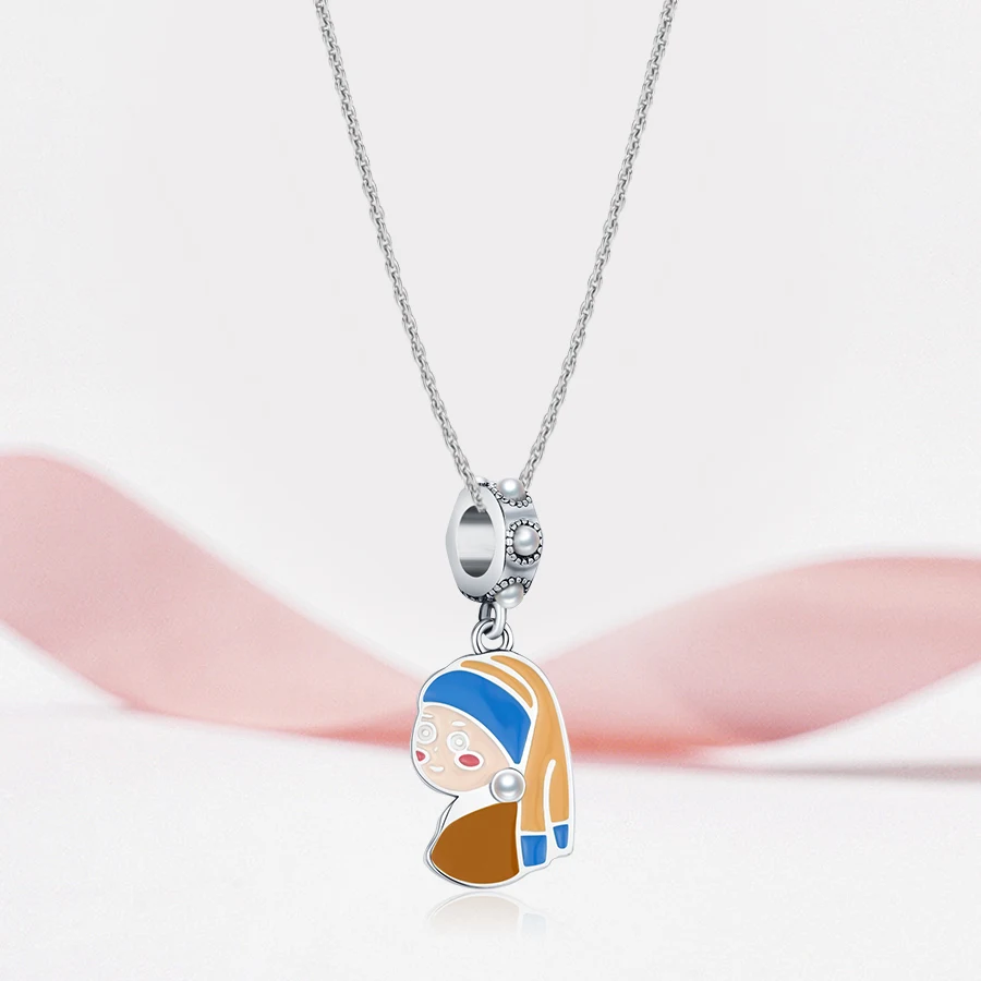 New 925 Sterling Silver Charms Pearl Girl Oil Painting Pendant Fits Original Bracelet DIY Jewelry Outfit Holiday Gift For Women