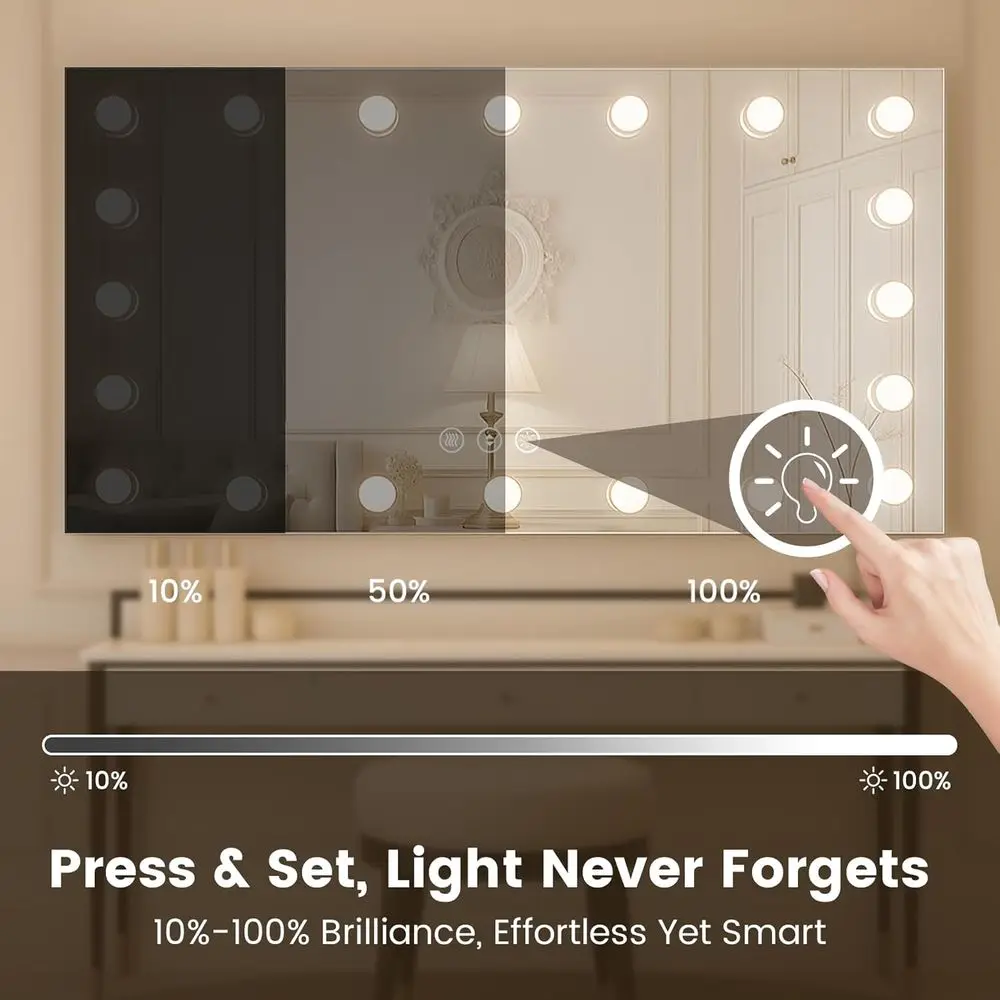 Espejo LED de pared de 40x28 pulgadas con 3 temperaturas de color, luces regulables, antivaho y inastillable