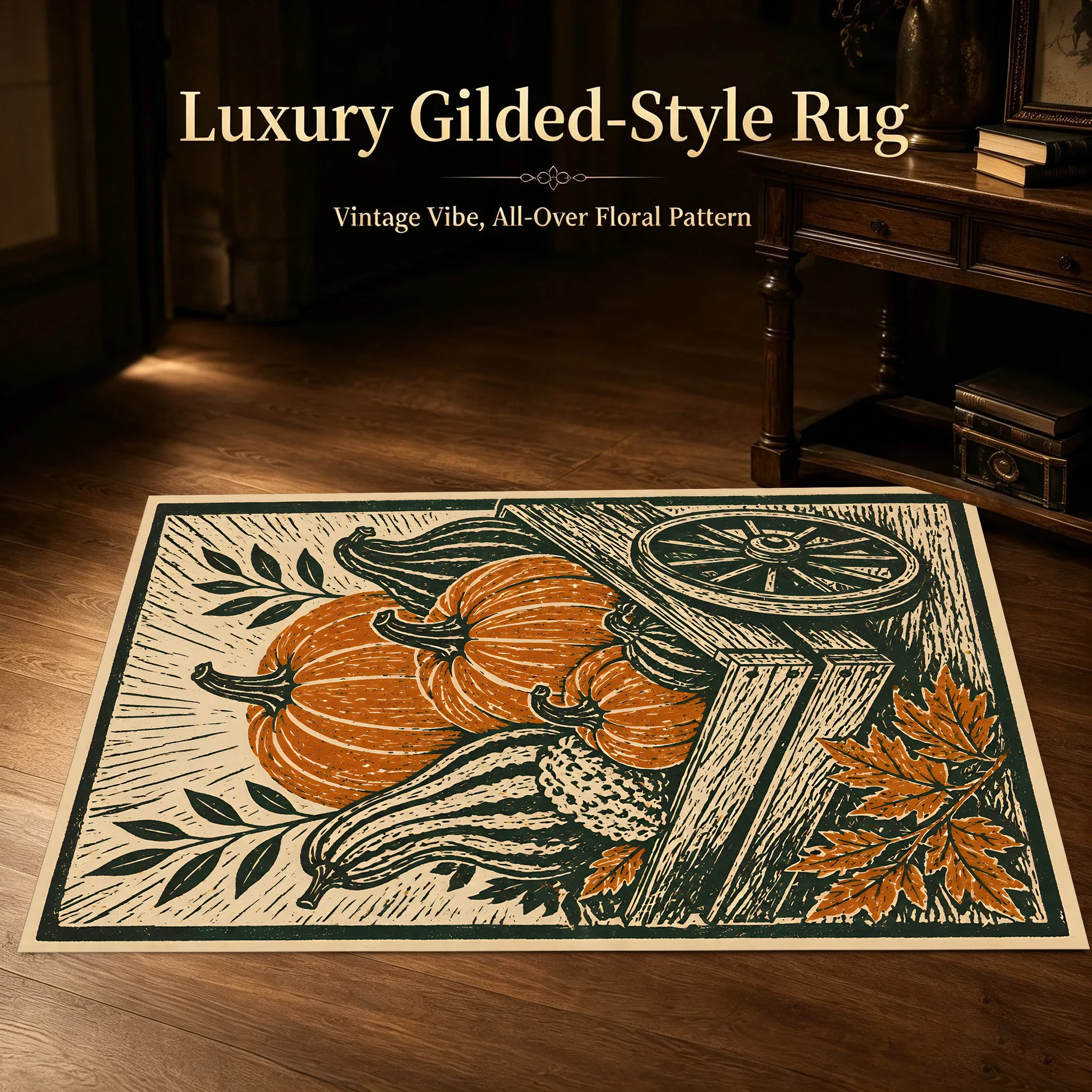 Velvet Rug Woodcut Pumpkin Cart Harvest Print American Pastoral for Entryway Bedroom Bedside Home Decor