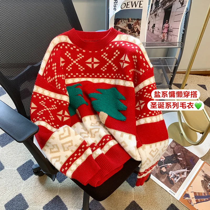 

Lazy Christmas style round neck long sleeved sweet knit top can be worn externally oversized sweater women pullover sweaters