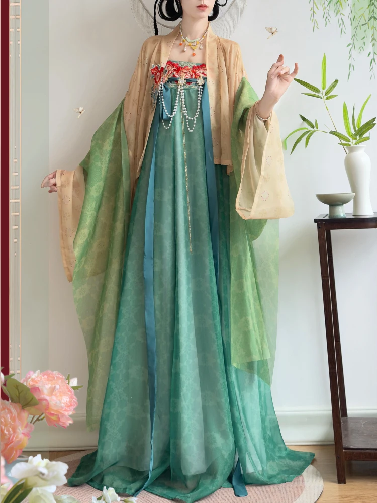 

Оригинальный женский комплект Hanfu: весенняя туника без рукавов до груди и юбка в традиционном стиле Тан для повседневной носки.