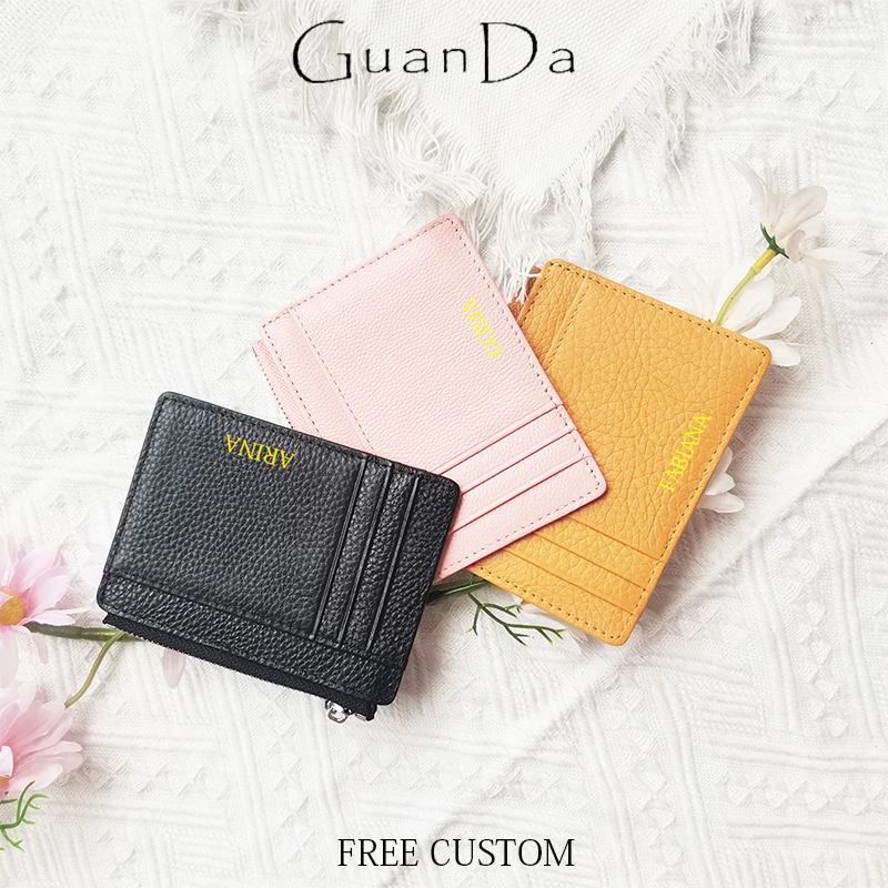 100% Genuine Leather Custom Initials Card Holder Woman Men Zip Money Clip Engrave Letters Fashion Coin Purse Luxury Card Wallet