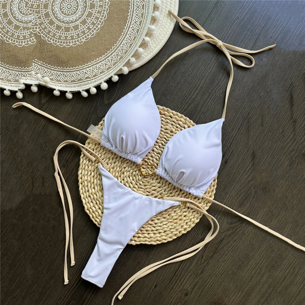 White Micro Bikini Thong String Halter Triangle Swimwear Metal Heart Ring Sexy Swimsuit Women 2025 Biquinis Bikinis Sets Bather