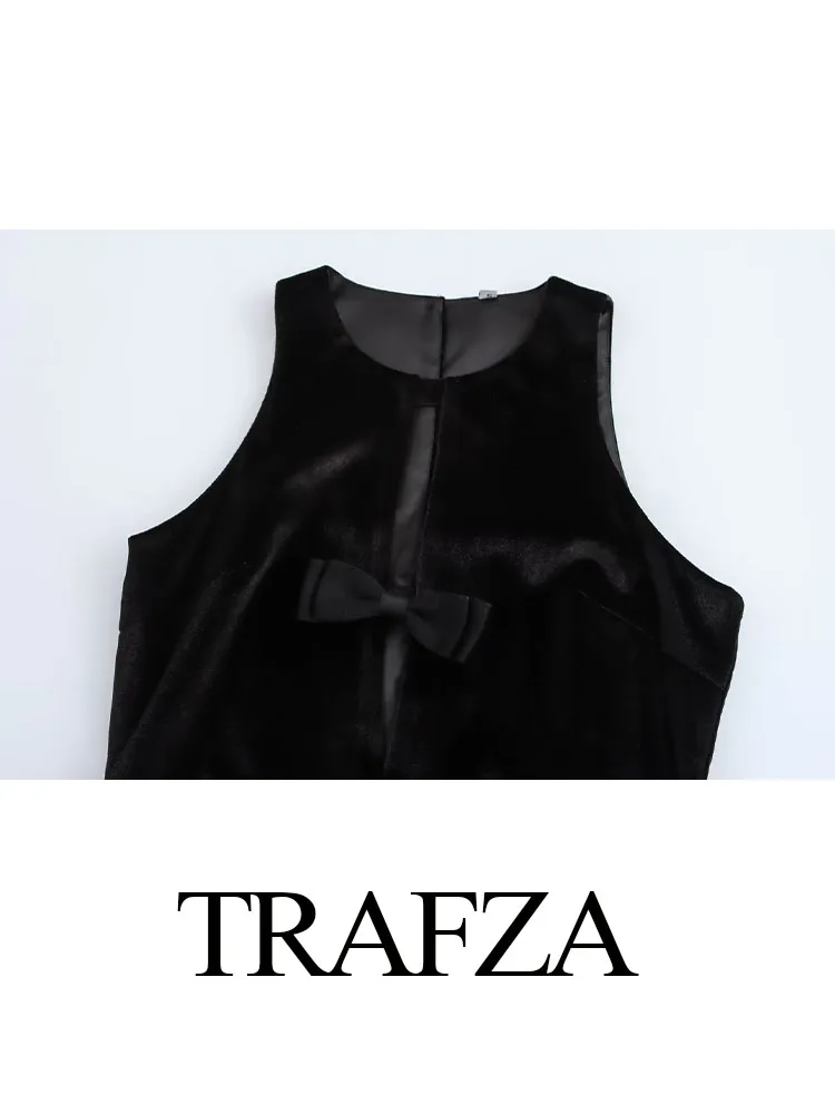 TRAFZA Summer New Fashion Women Dresses Black O-Neck Sleeveless Hollow Out Bow Decorate Zipper Female Sexy Slim Mini Dress