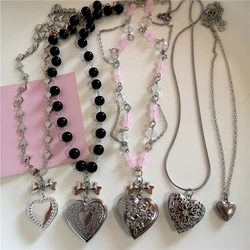 Goth Y2k Aesthetic Heart Locket Pendant Open Female Silver Color Stainless Steel Photo Frame Charm Necklace Women EMO Jewelry