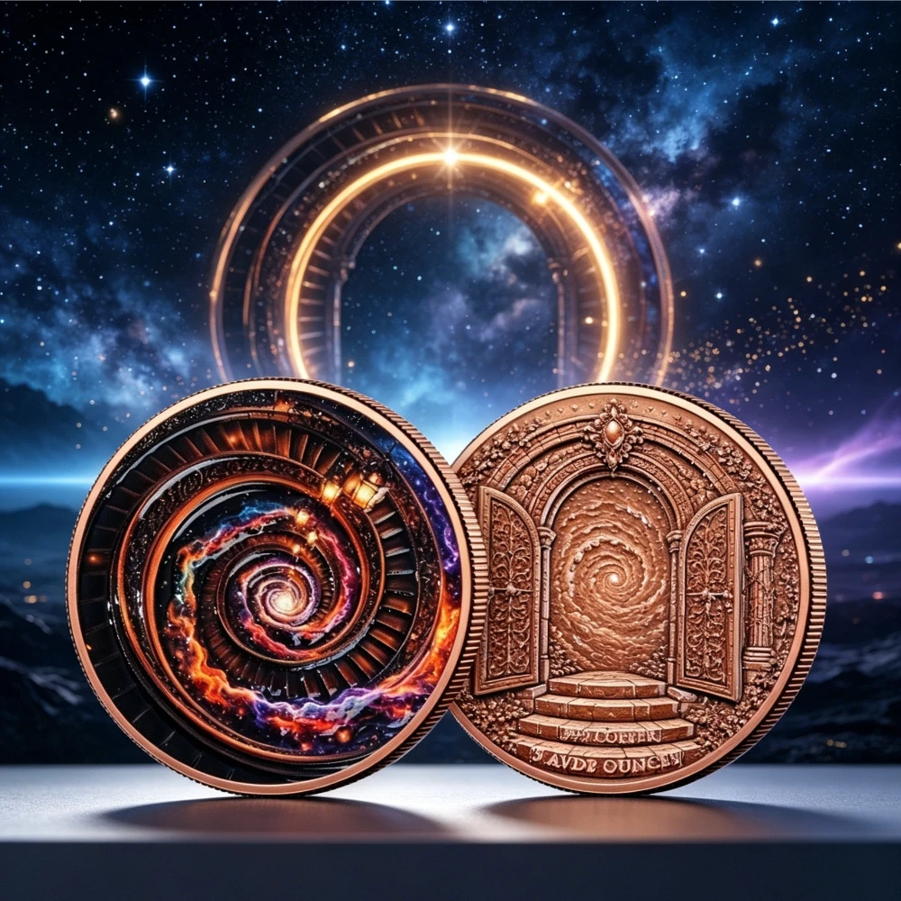 5 oz AVDP.999 Fine Copper Round Coin Cosmic Spiral Staircase Portal Ancient Arch Door Double Sided Deep Embossed Colorized Coin