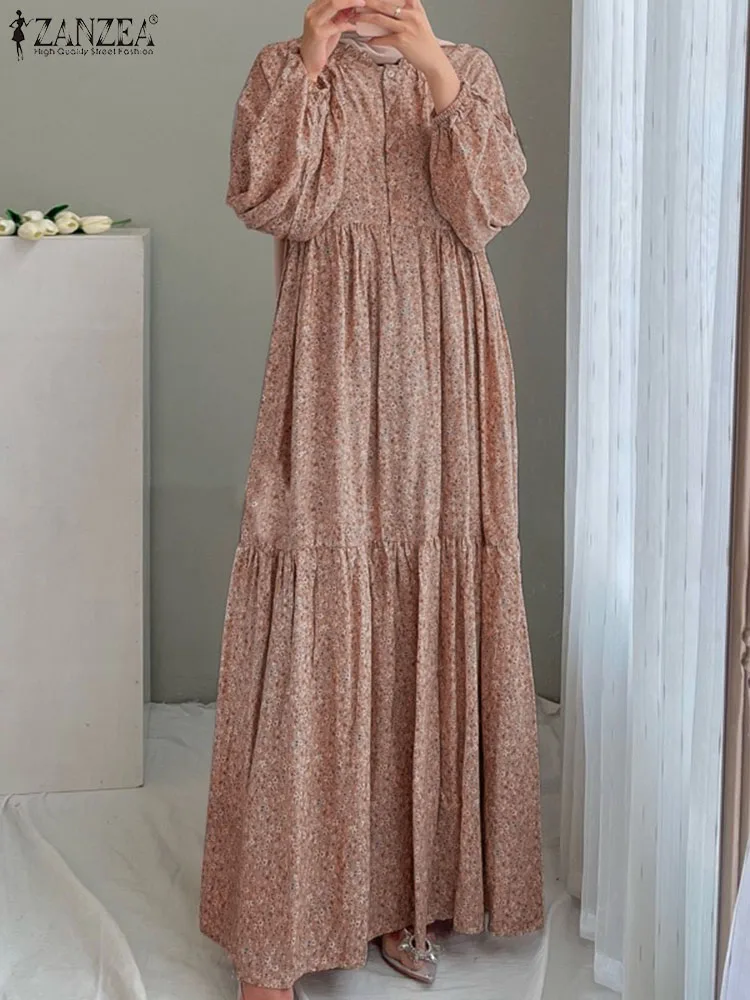 ZANZEA Woman Muslim Maxi Dress Fashion Eid Mubarek Dresses Casual Rufffles Hem Sundress Elegant Party Vestidos Oversized 2024