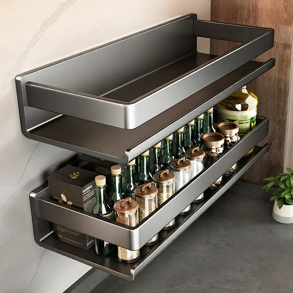 Kitchen Wall-Mounted Spice Rack Sun Protection Sleeve Cover No Drilling Gun Grey Condiment Storage Shelf Open Display Carbon ...