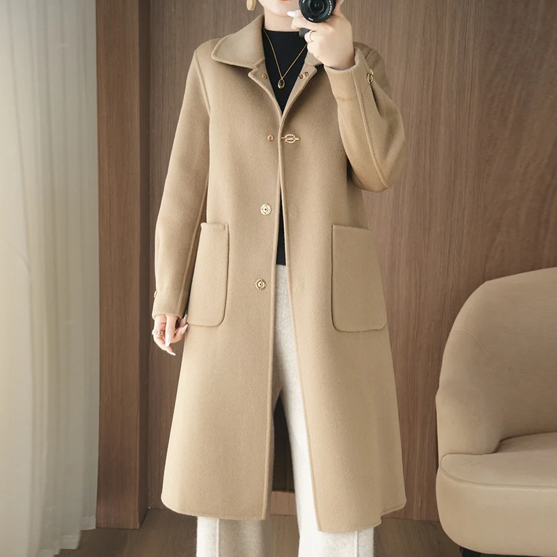 Manteau Long en laine Pure 100% pour femme, ample, Double face, décontracté, grande poche, couleur unie, vêtements pour femmes, automne et hiver