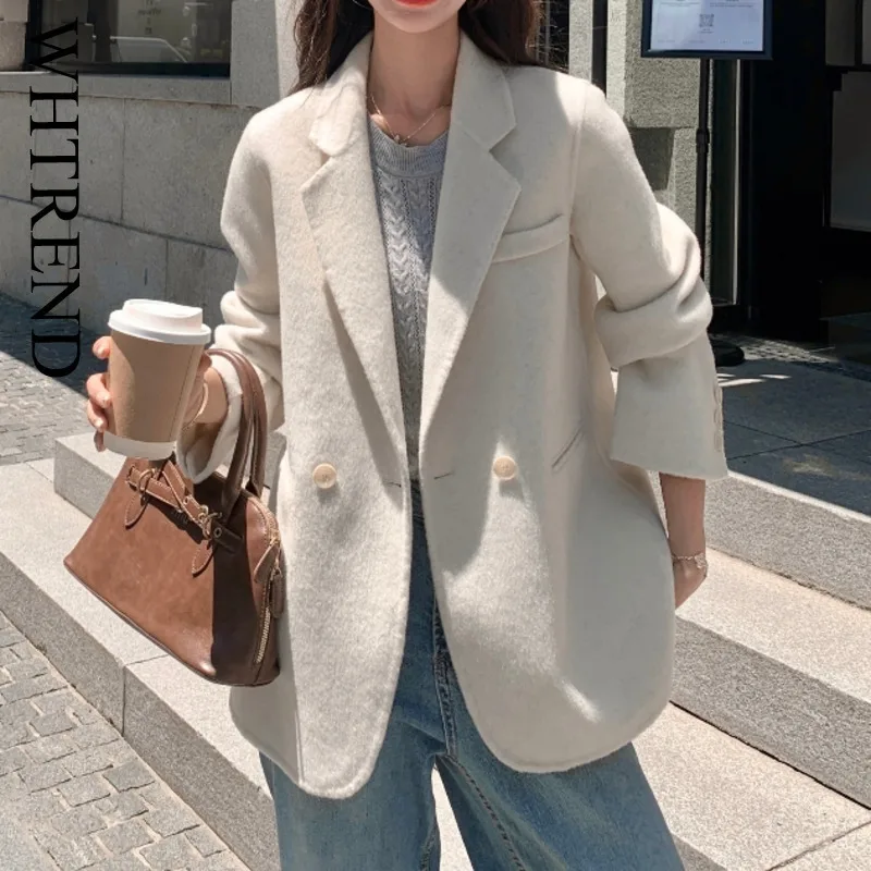 WHTREND Nuovo Autunno E Inverno Blazer di Lana Per Le Donne Versione Coreana Colletto Dentellato Giacca Doppio Petto Cappotti WH1410