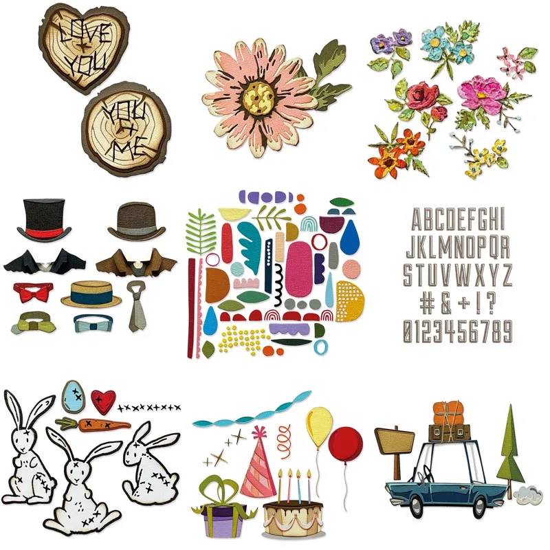 New Vintage Log Style Valentine's Day Easter Bunny Gentleman Hat Flower Happy Birthday Metal Cutting Dies For Making Card Crafts