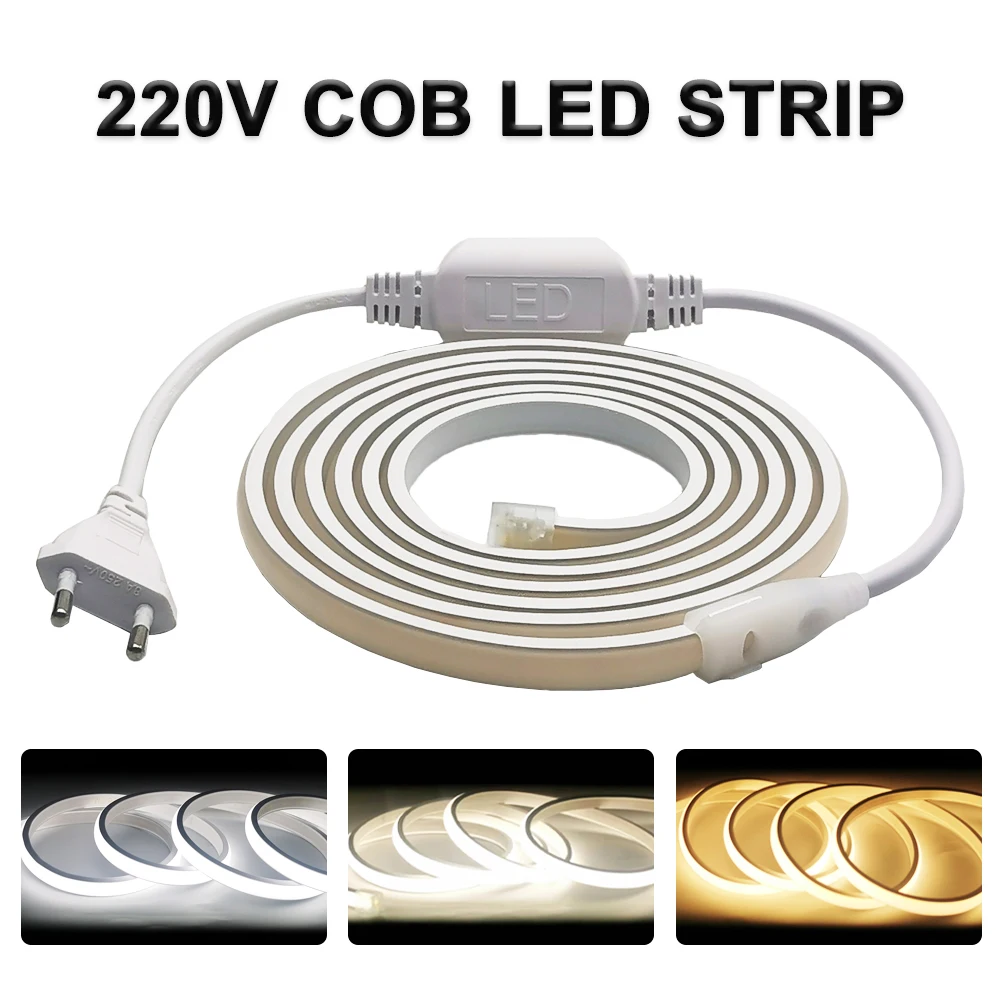 

220V COB LED Strip 288 Pixels/M Soft Flexible Light With EU Power Plug 3000-6000K Cold Nature Warm White IP65 Waterproof Outdoor