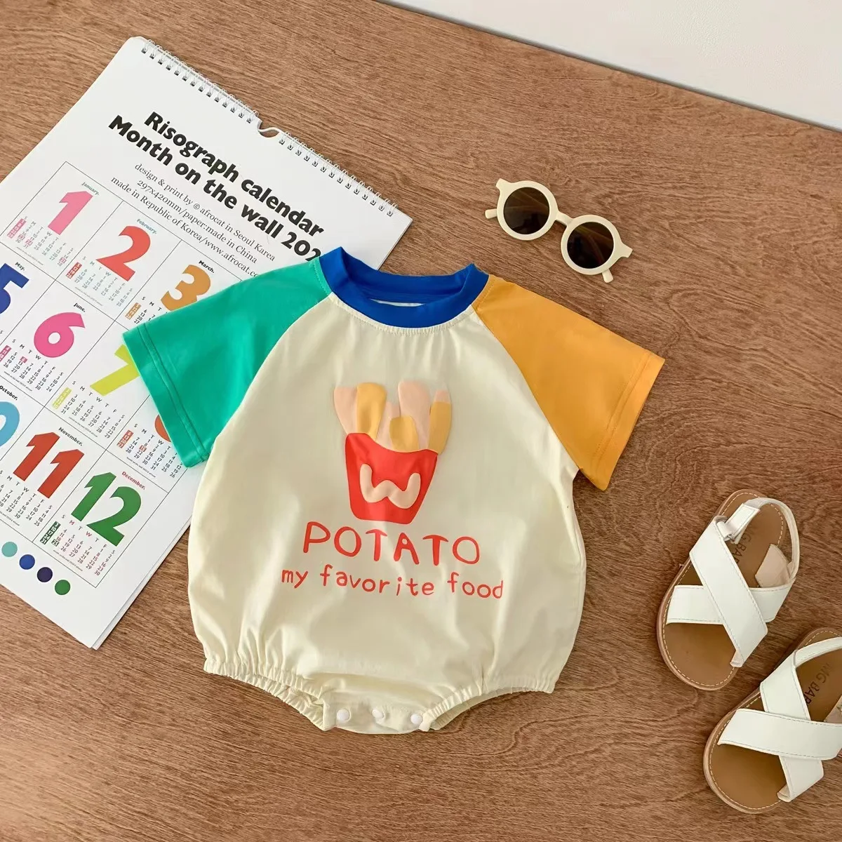 Summer Cute French Fries Print Baby Bodysuits Color-Blocked Loose Fit for Boys Girls cotton Infant Rompers Jumpsuits with Sock