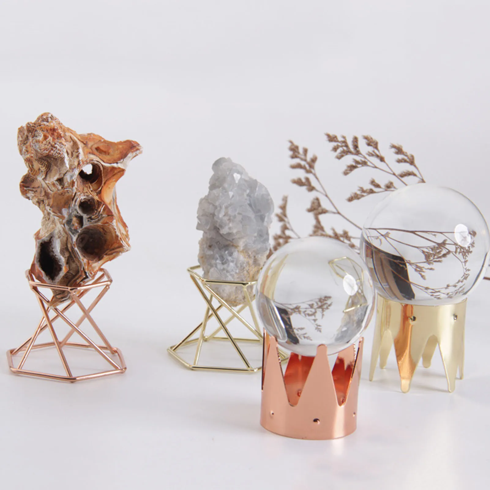 Metal Arm Mineral Stand Display Holder Rack Wood Support Base For Crystal Minerals Ores Agate Rocks For Home Office Show Room