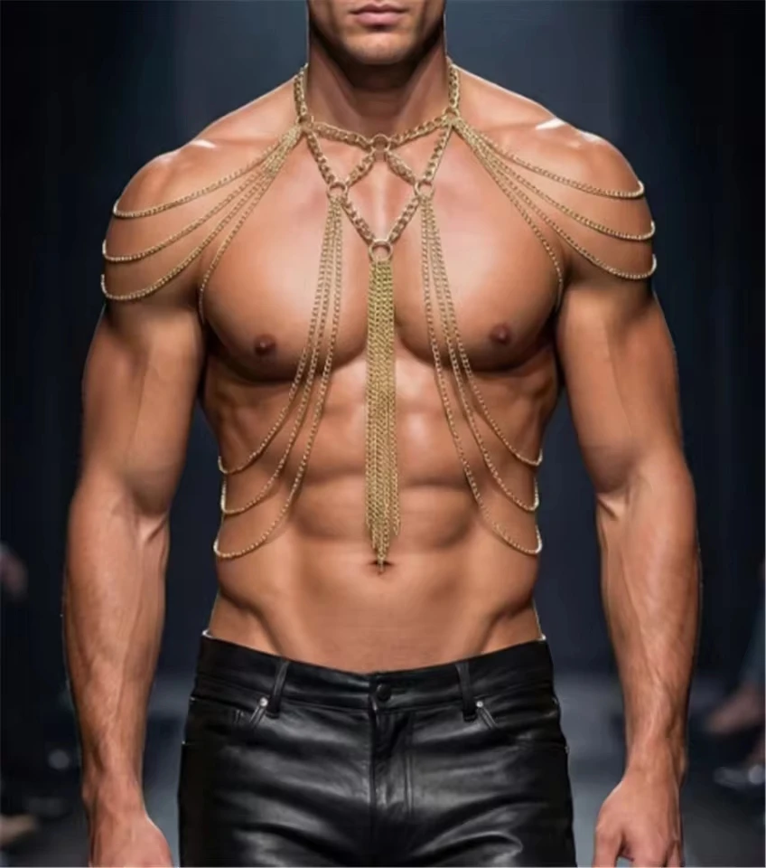 European And American Men's Body Chain, Handmade Stitched Shoulder Chain, Tassel Hollow-Out Top