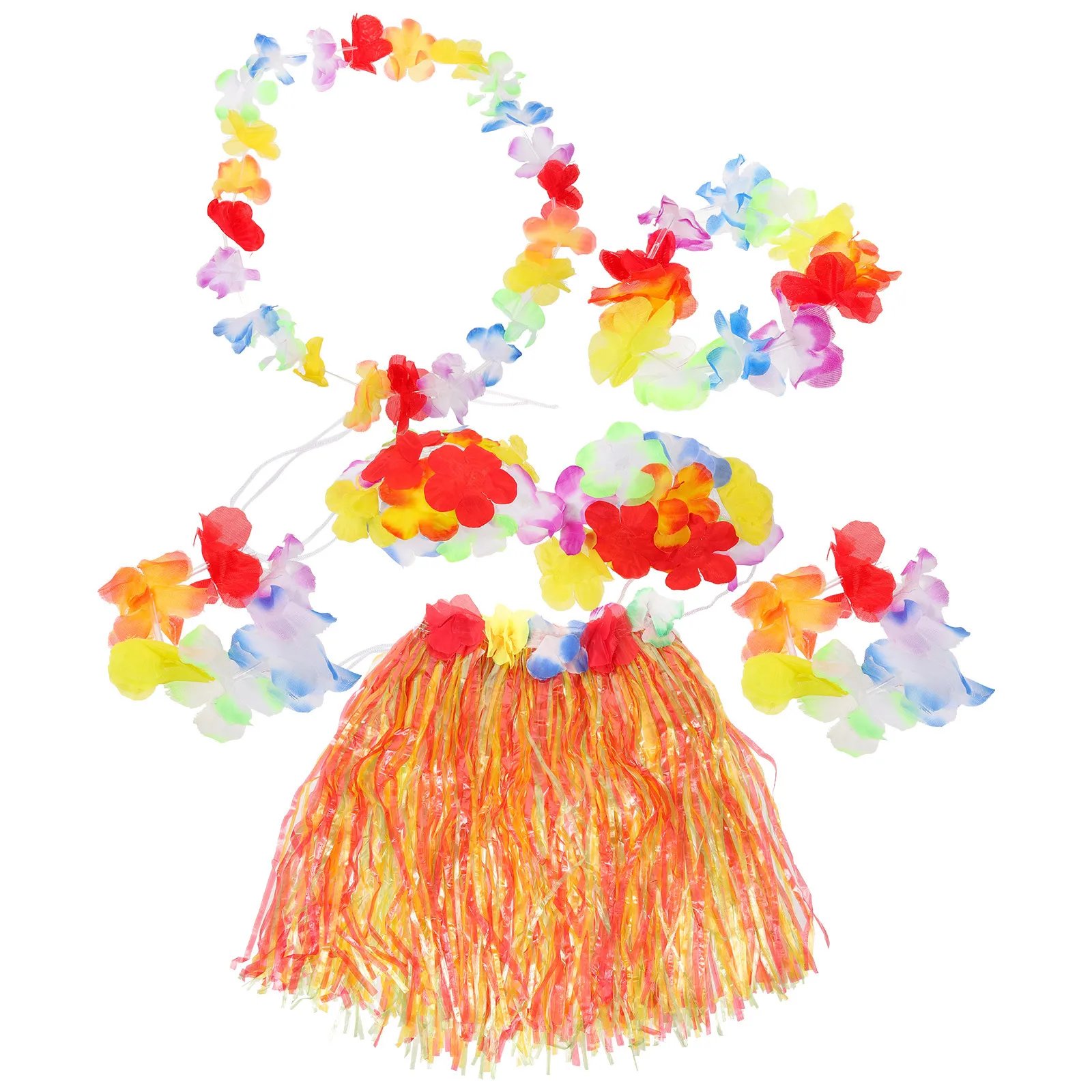 

6pcs Hawaii Tropical Hula Grass Skirt Set Kids Flower Necklace Bracelets Headband Bra 40Cm Elastic Waist Adjustable Dance