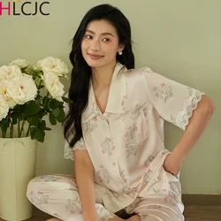 2024 New Ladies Two-Piece Pajamas Set Ice Silk Women Short-Sleeved Cardigan Printing Summer Ladies Elegant Pijamas Homewear Set