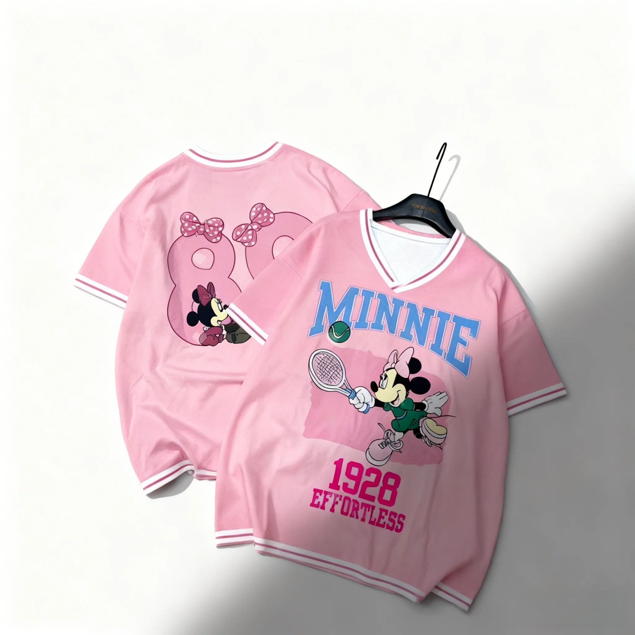 

Тематический трикотаж Disney Series Minnie Tennis, милая и крутая американская уличная летняя футболка для женщин и мужчин, топ больших размеров для взрослых