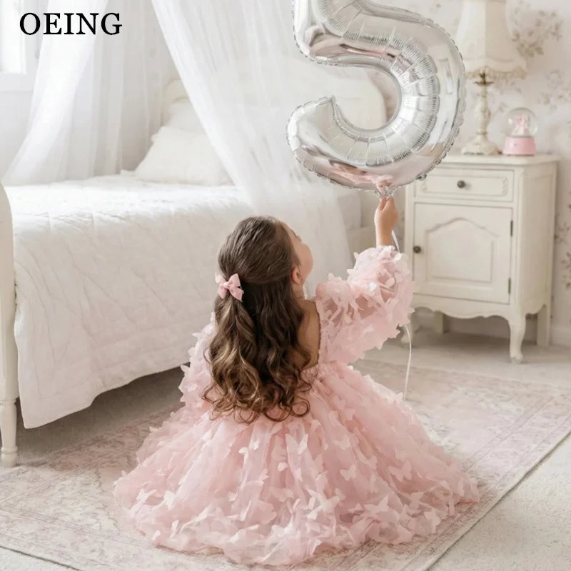

Платье для девочек OEING Fairytale A-Line с цветочными аппликациями, розовое, длиной до колена, с длинными рукавами, для дня рождения, платье принцессы, на заказ