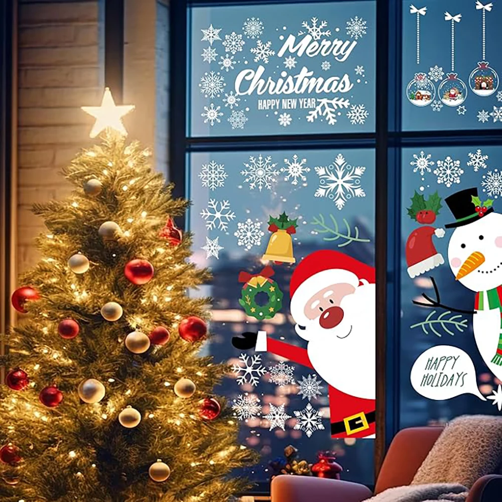Christmas Window Sticker Xmas Glass Window Decor Snowman Snowflake Electrostatic Wall Sticker New Year Birthday Party Decoration