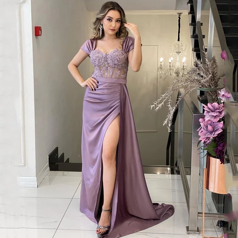 

ANGELSBRIDEP Puple Evening Dresses Sweetheart Beading Appliques Prom Party Dress High Split Floor Length Cocktail Gown Corset