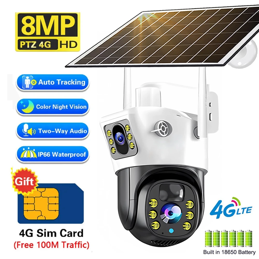 Telecamera 4G con pannello solare 4G-SIM Card 8MP 4K Outdoor Wireless PTZ PIR rilevamento umano CCTV IP Camaras V380 protezione di sicurezza