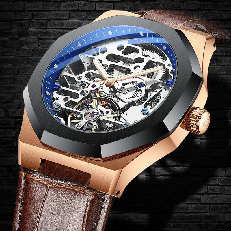 AILANG Fashion Rose Gold Case Skeleton Automatic Mechanical Watch For Men Luxury Brand Genuine Leather Watch Casual Clock Reloj