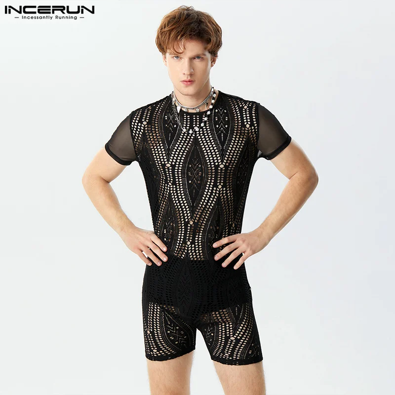 INCERUN 2024 American Style Men\'s O-neck Rompers Fashion See-through Lace Patchwork Jumpsuits Sexy Short Sleeved Bodysuits S-3XL