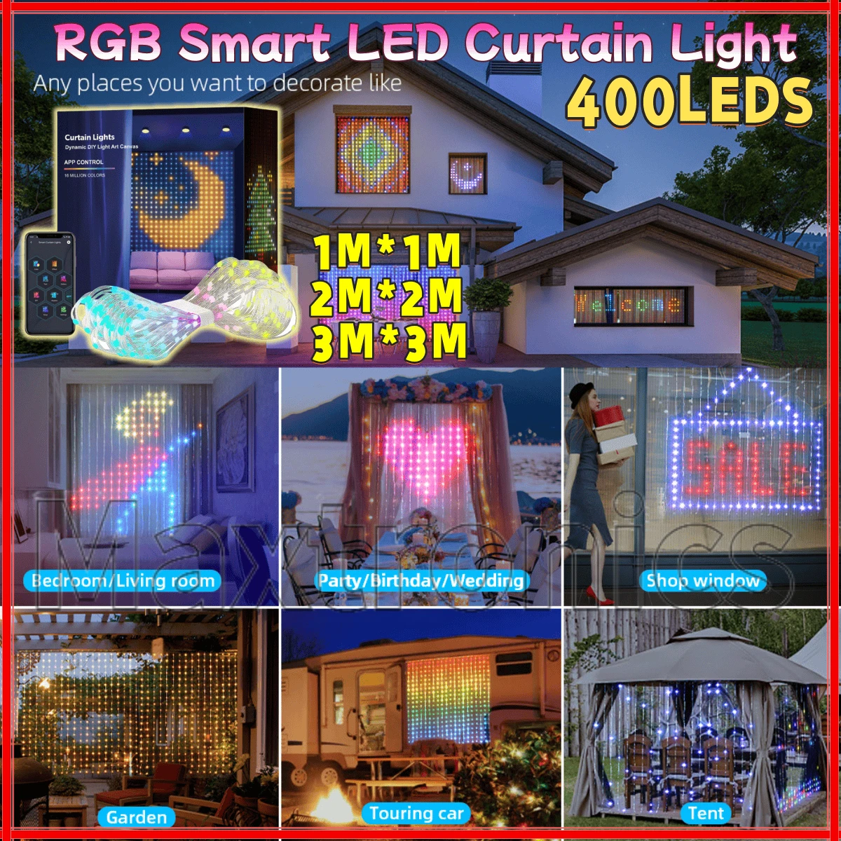 400 leds RGB Smart LED-gordijnlicht APP Afstandsbediening Dot Control Lederen draad DIY Fairy Lamp String voor Nieuwjaar Bruiloft Decor