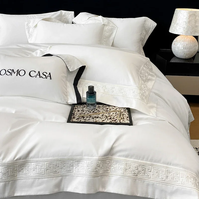100% Egyptian Cotton White Luxury Embroidery Hotel Style Bedding Set Duvet Cover Set Flat/Fitted Bed Sheet Pillowcases 4Pcs