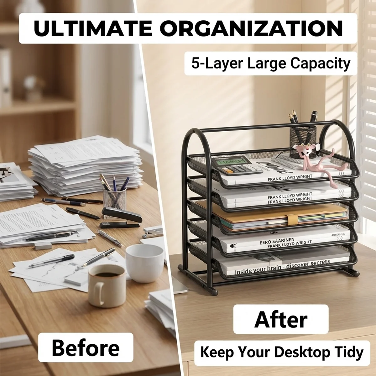 Mesh Desk File Organizer,  Metal Document Holder Rack, Large Capacity A4 Paper Storage Tray for Office School Home