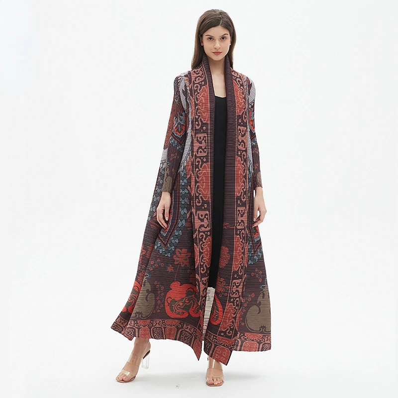 ALSEY Miyake Pleated Classic Women's Long Gown Loose Plus Size Long Sleeve Tie Design Trench Vintage Printed Dress 2024 Summer