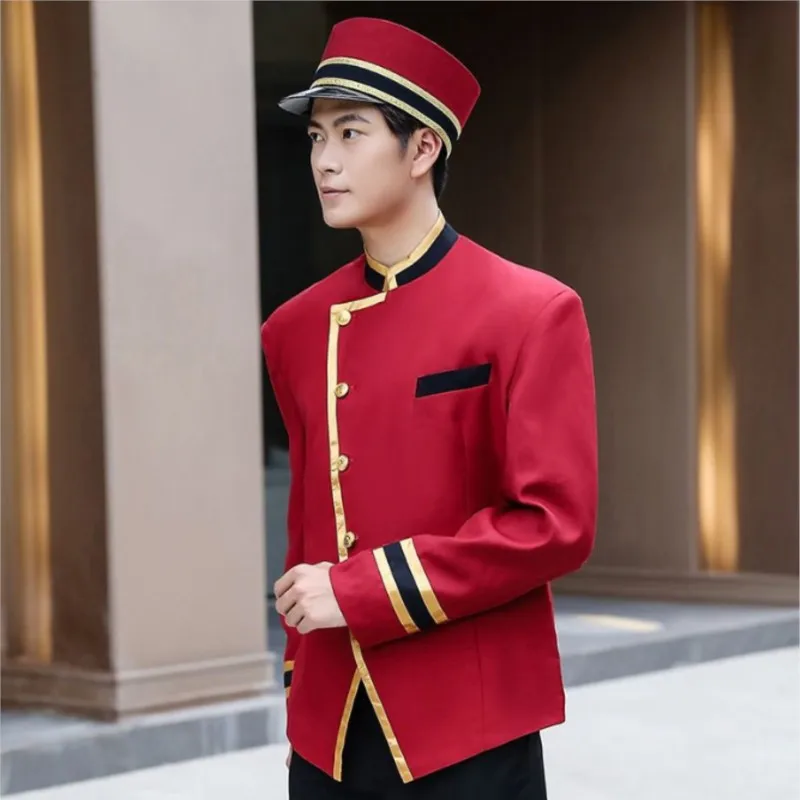 

Men Red Hotels Receptionist Uniforms Doorman Suit Etiquette Welcome Hotel Waiter Clothes Jacket Pants Hat Work