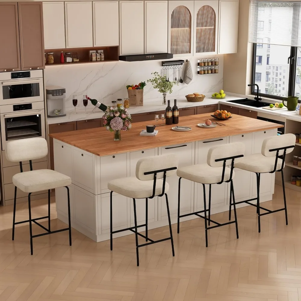 

Counter Height Bar Stools Set of 4, 26" White Counter Stools, Upholstered Fabric Kitchen Island Chairs with Back and Metal Leg F