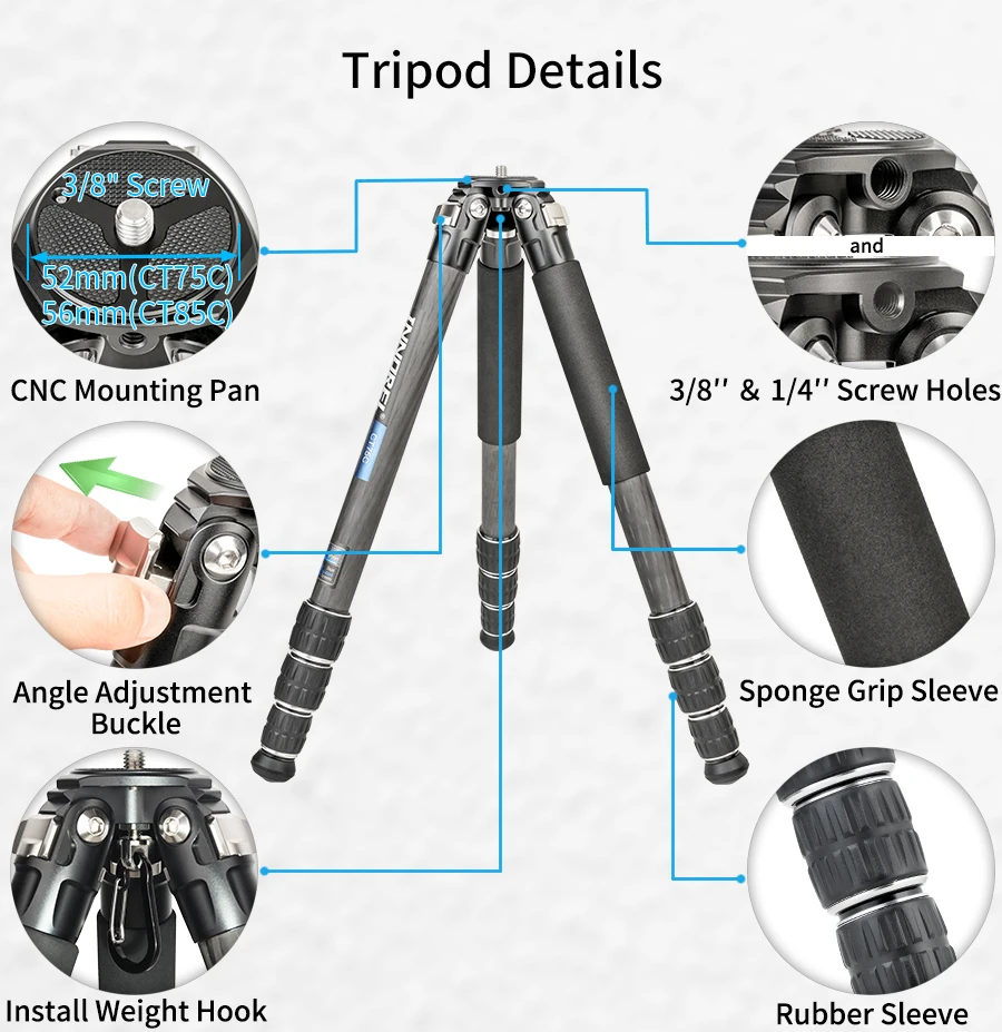 INNOREL CT75C/85C Kohlefaser-Stativ für DSLR-Kamera, robuster Ständer, Kugelkopf mit geringer Schwerkraft und verstellbarer Mittelsäule – Detail 5