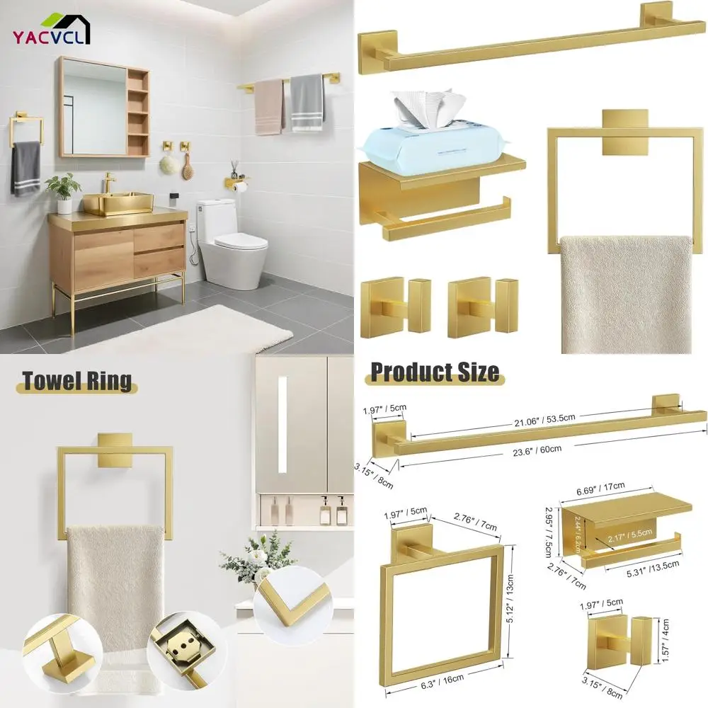 

Набор сантехнической фурнитуры из нержавеющей стали с матовым золотым покрытием: держатель для полотенец, держатель для туалетной бумаги с полкой, настенное крепление, 23.6